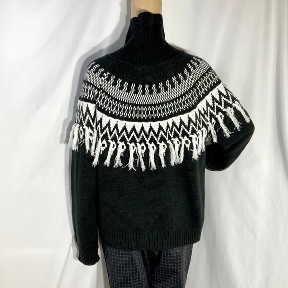 Cato Black & White Sweater Sz L with Fringe Tassels - Picture 3 of 12